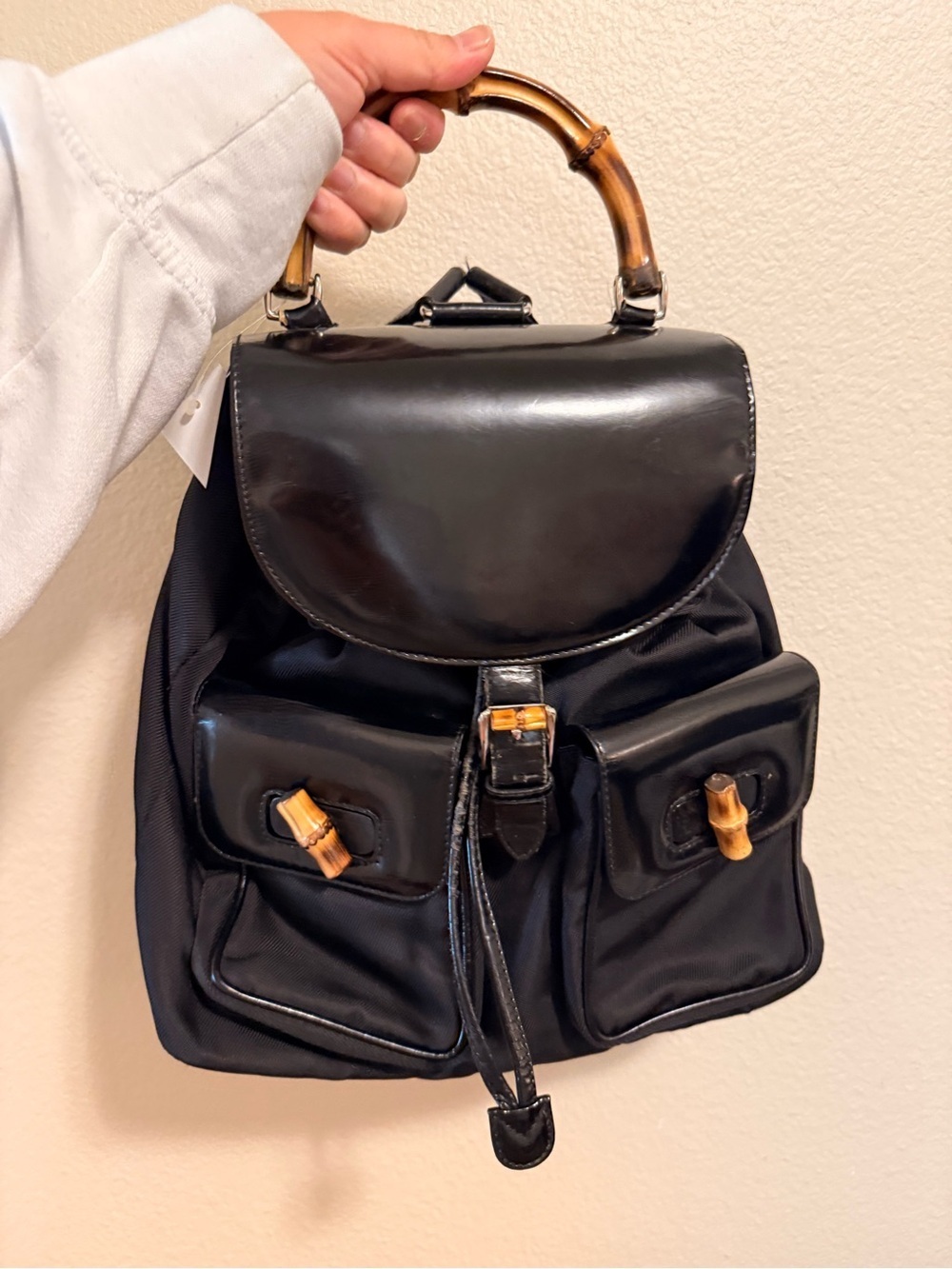 Gucci Black Nylon Backpack with Bamboo Handle and Pocket Accents